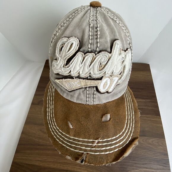 Lucky NYC 01 Factory Distressed Brown Dad Baseball Hat Cap Adjustable 2001 VTG - Picture 2 of 11